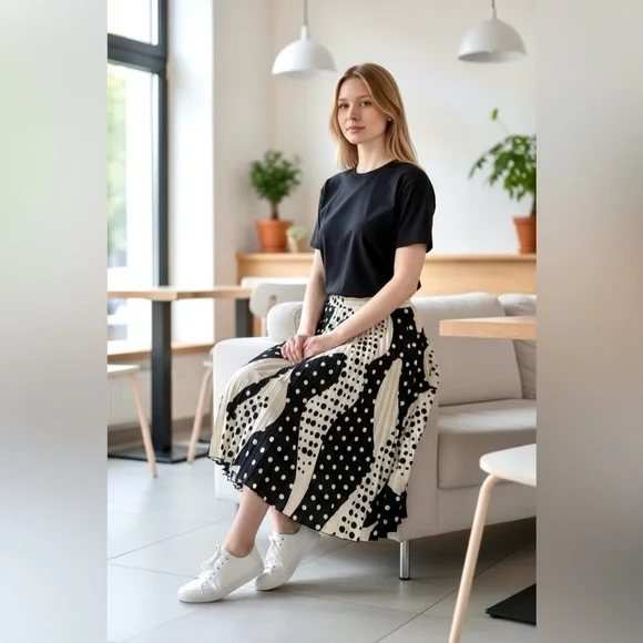 Tahari Black and Cream Polka Dot Midi Skirt - Picture 5 of 11